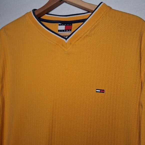 Vintage 1990s Tommy Jeans Shirt Men L Ribbed Knit Gold Long Sleeve V Neck - Picture 2 of 9